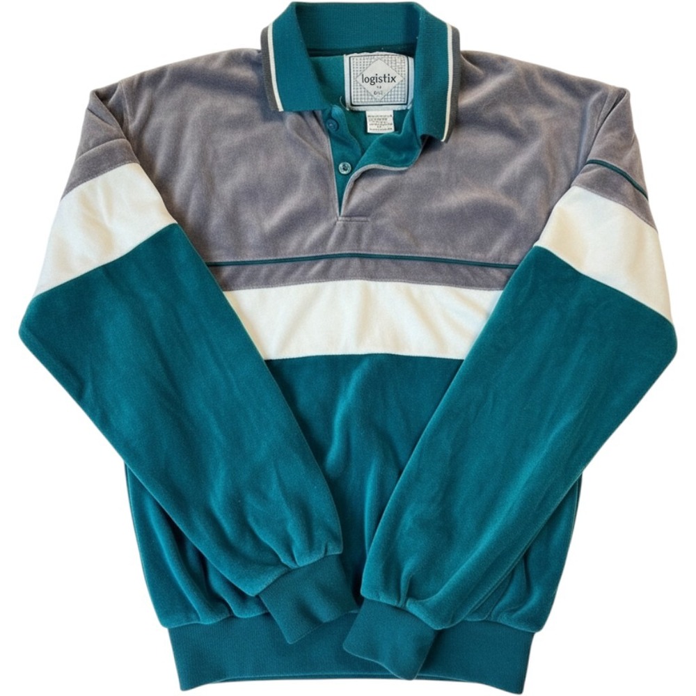 Logistix Mens Velour Colorblock Polo Shirt Long Sleeve Teal Grey Vintage Large
